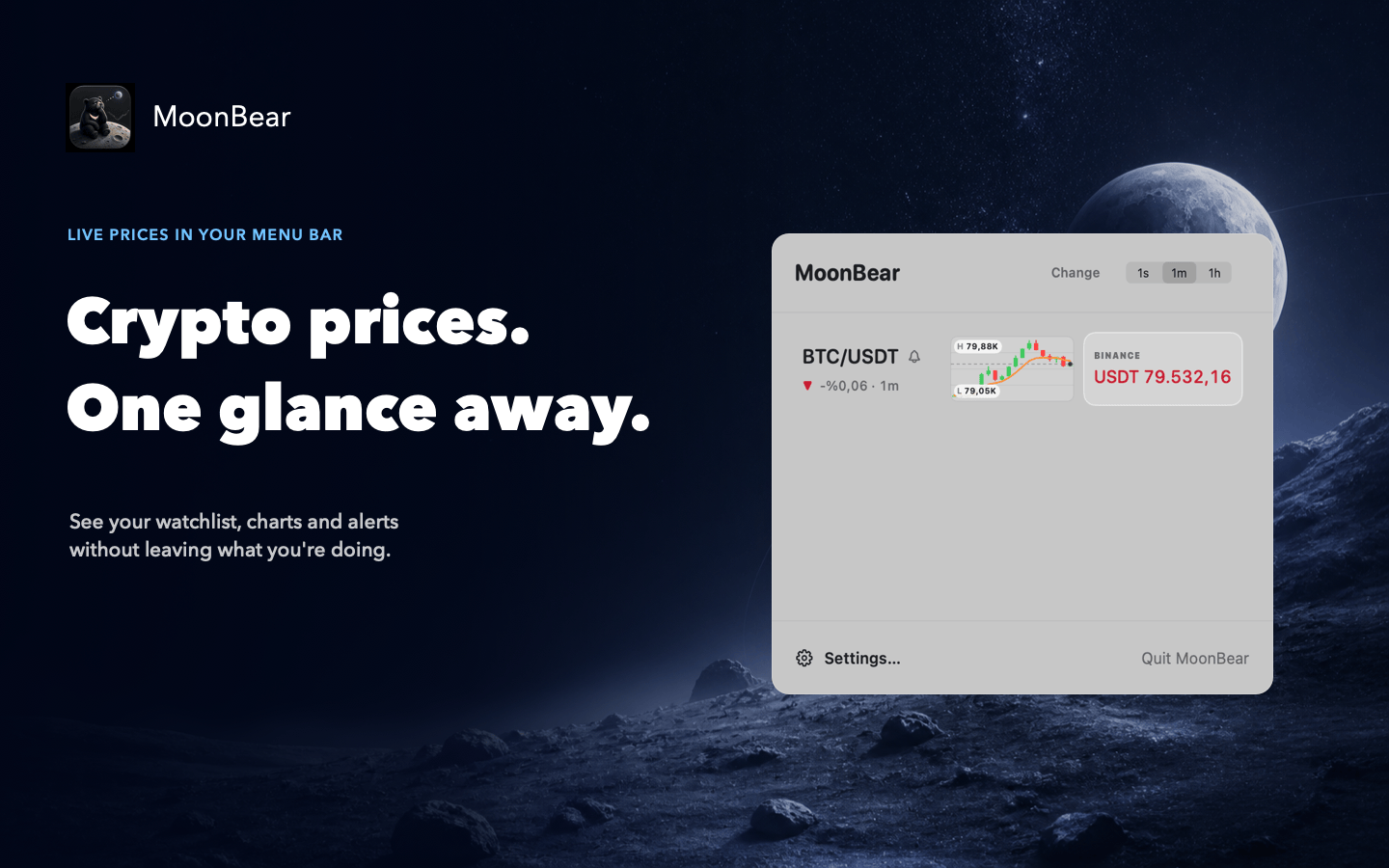 MoonBear showing crypto prices in the macOS menu bar and hover panel
