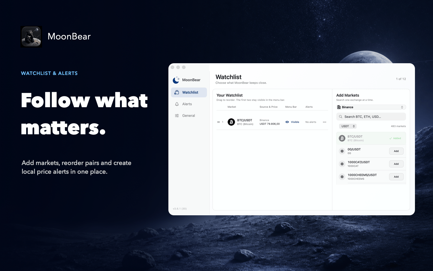 MoonBear watchlist settings with markets, selected pairs and alert studio